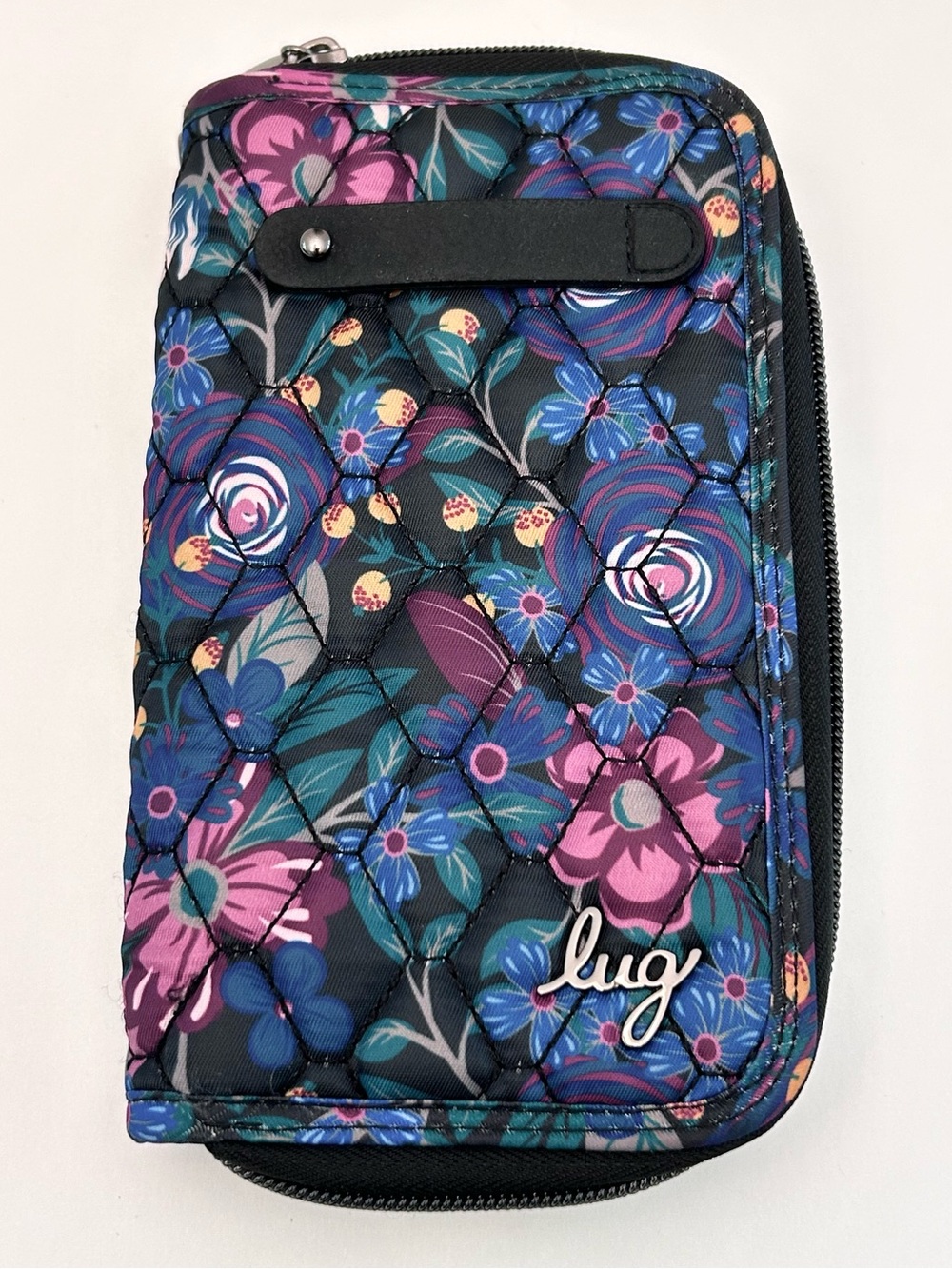 Lug Tram Dual Zip Around Compartments RFID Wallet Whimsy Black Floral 7”x4